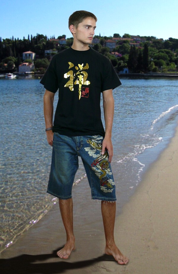 японская мужская дизайнерская футболка с золотм иероглифом ДЗЭН