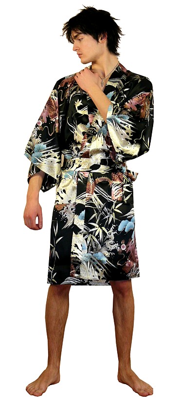 мужской халат- кимоно, шелк 100%, цвет черный, сделано в Японии