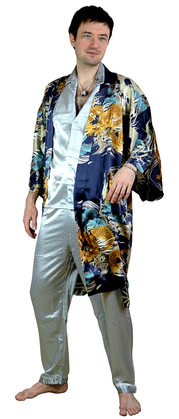 мужской шелковый халат из натурального шелка, темно-синий, Япония