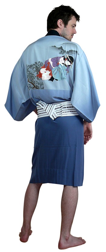 японское мужское шелковое кимоно с рисунком на спине в виде эротической сцены