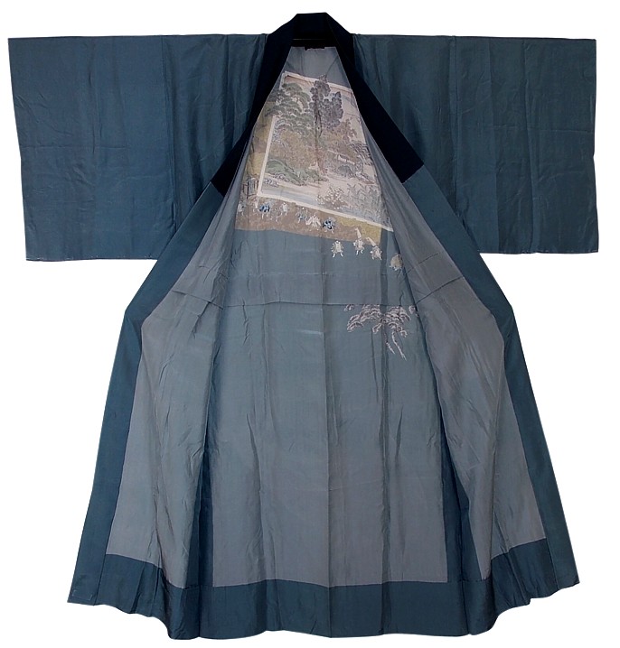 японское старинное шелковое мужское кимоно с авторской росписью