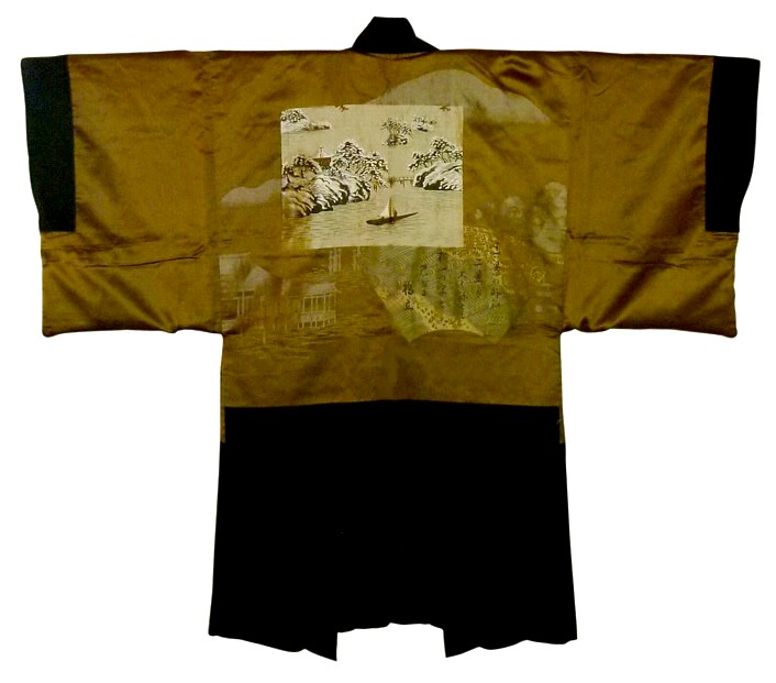 японское старинное шелковое мужское хаори, подкладка с жаккардовой вышивкой и росписью