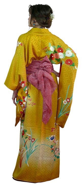 японское винтажное шелковое кимоно с поясом-оби в виде длинного шарфа
