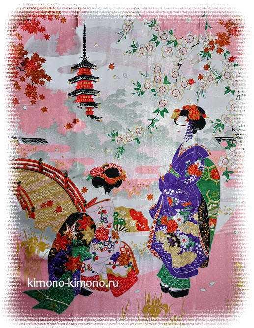 красавицы майко у мостика в весеннем саду, японский рисунок на кимоно