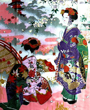 красавицы майко у мостика, японский рисунок на кимоно