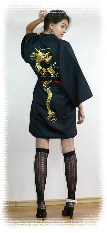 японское кимоно мини Золотой Дракон  с вышивкой