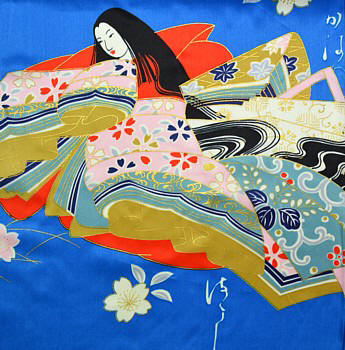 японская принцесса, рисунок на шелке женского кимоно